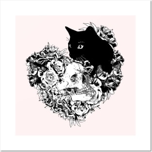 Skull and Black cat with flowers, skeleton with flowers, black and white drawing Posters and Art